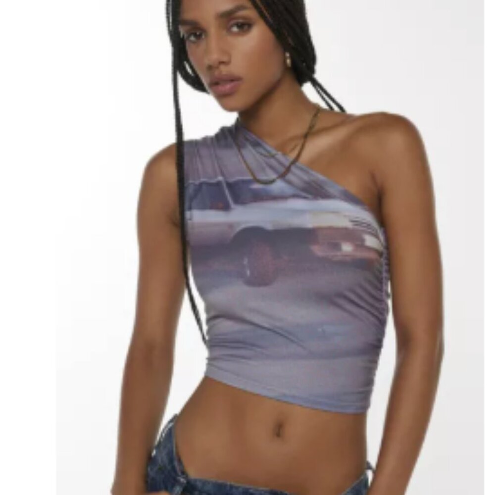 Silence + Noise One Shoulder Top in Small with Allover Car Graphic Print